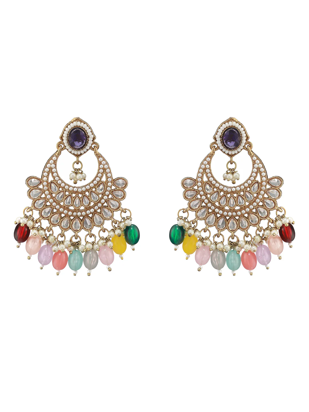 Nimoraa Multicolor Beaded Pearl Gold-Plated Statement Choker Set with Chandbali Earrings & Maangtikka