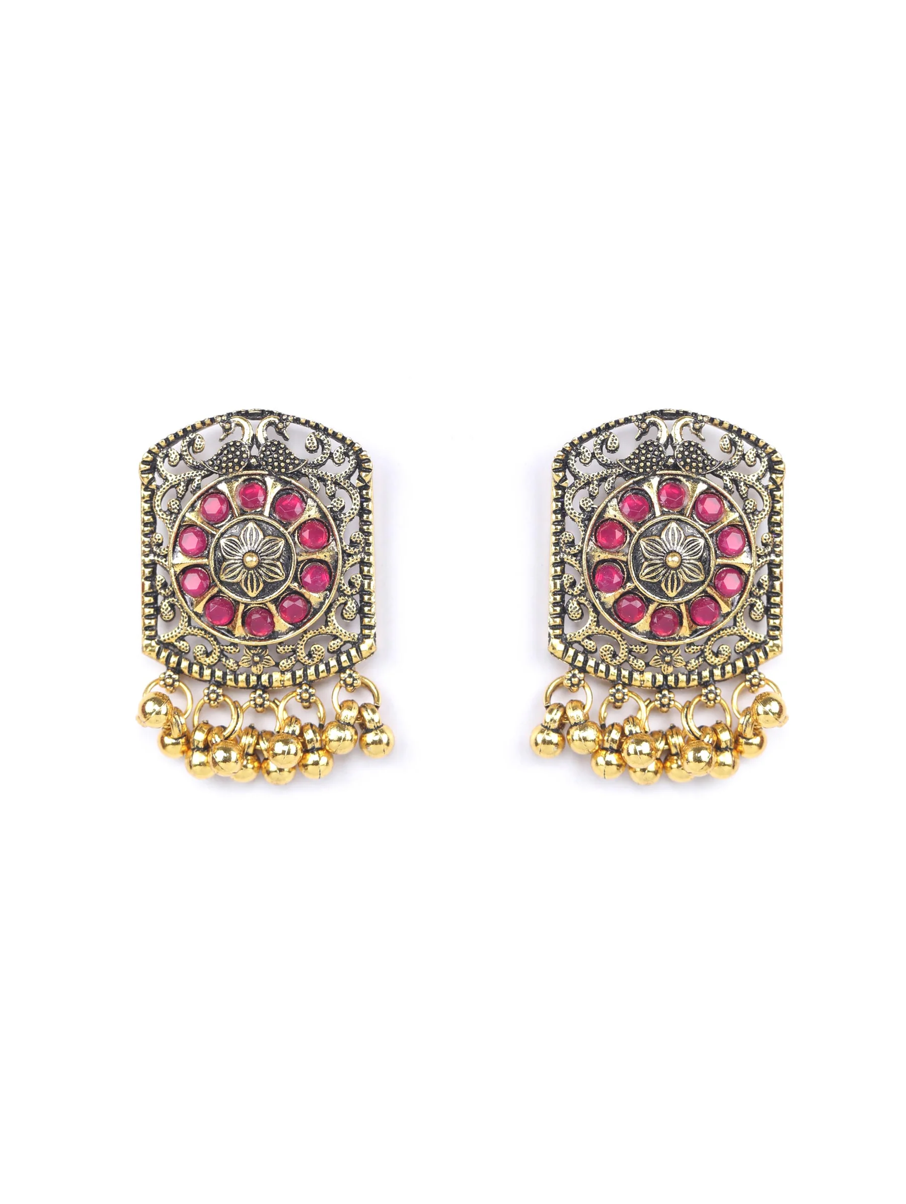 Nimoraa Antique Gold Plated Ruby Temple Choker Set with Heritage Motif Design