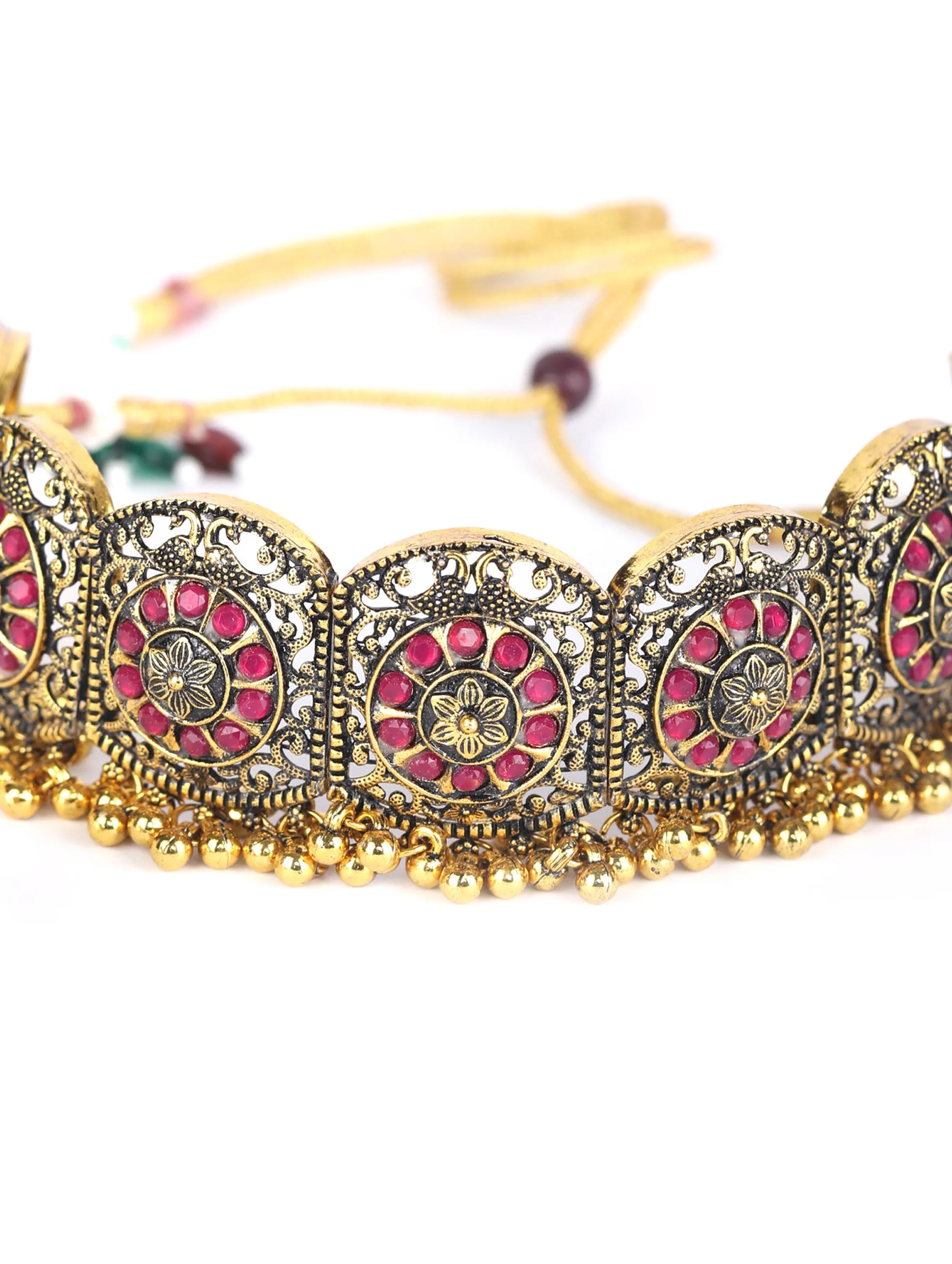 Nimoraa Antique Gold Plated Ruby Temple Choker Set with Heritage Motif Design