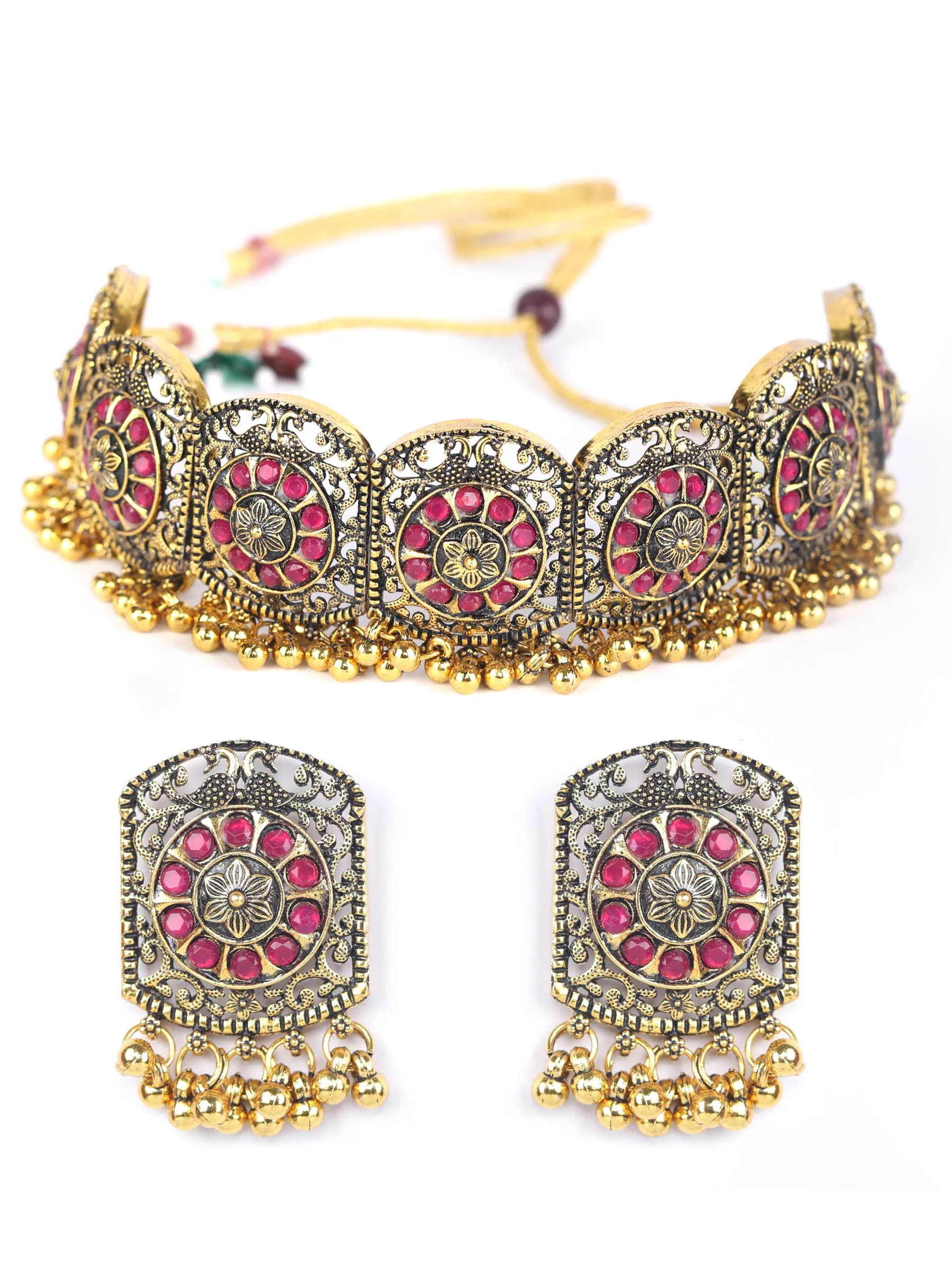 Nimoraa Antique Gold Plated Ruby Temple Choker Set with Heritage Motif Design