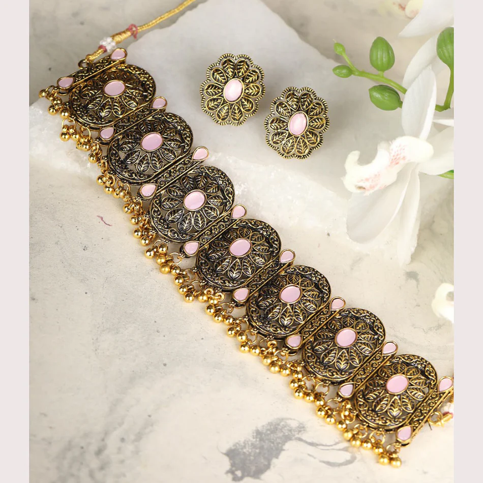 Nimoraa Antique Gold Plated Pink Stone Floral Choker Set with Heritage Detailing