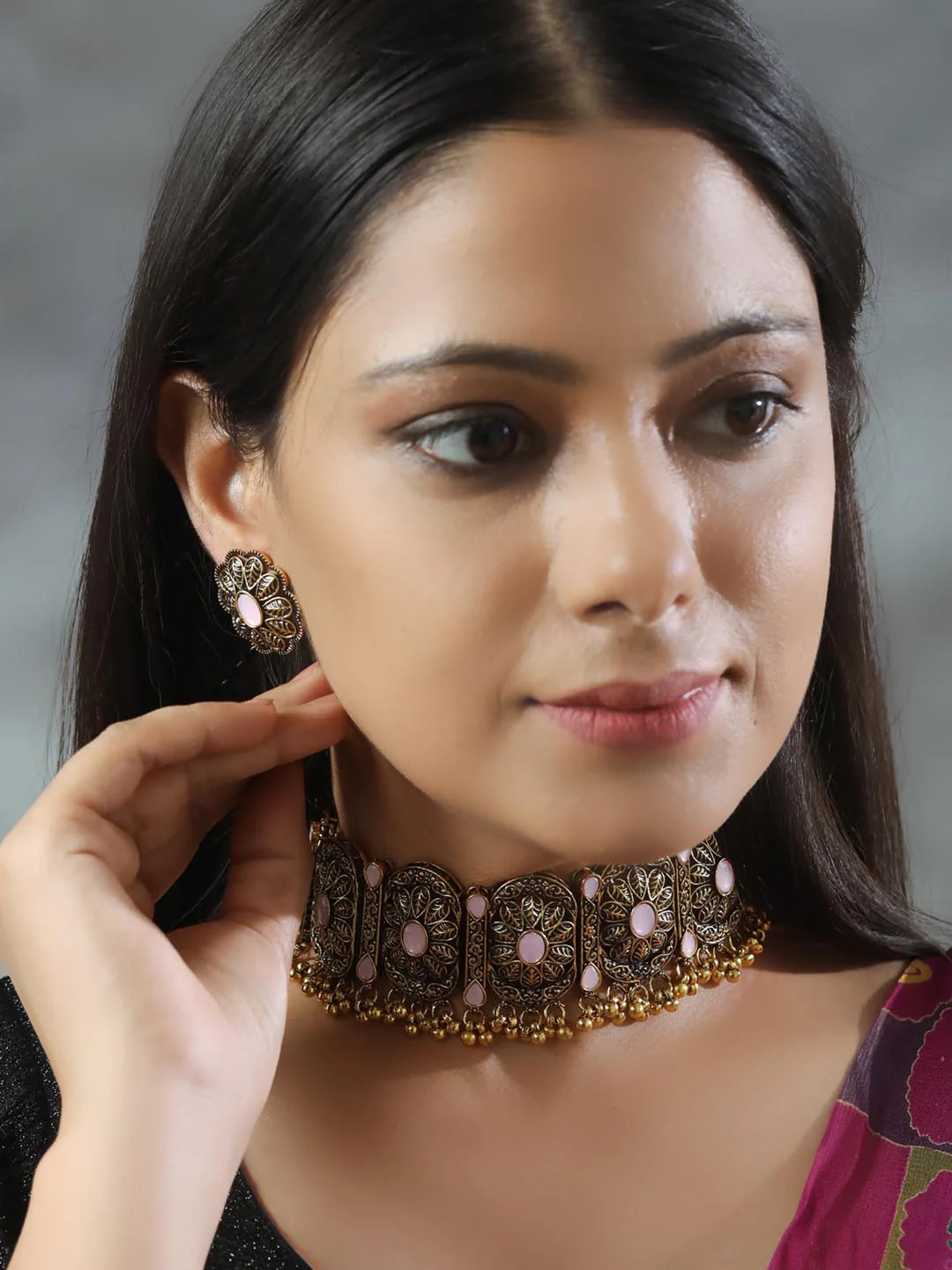 Nimoraa Antique Gold Plated Pink Stone Floral Choker Set with Heritage Detailing