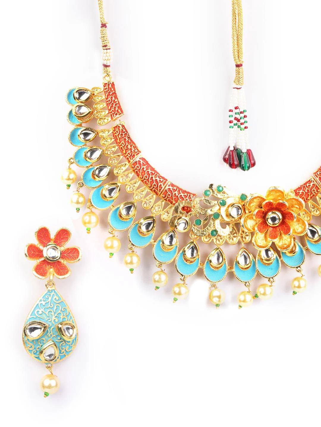 Multi-Color Kundan Pearls Gold Plated Floral Peacock Necklace Set