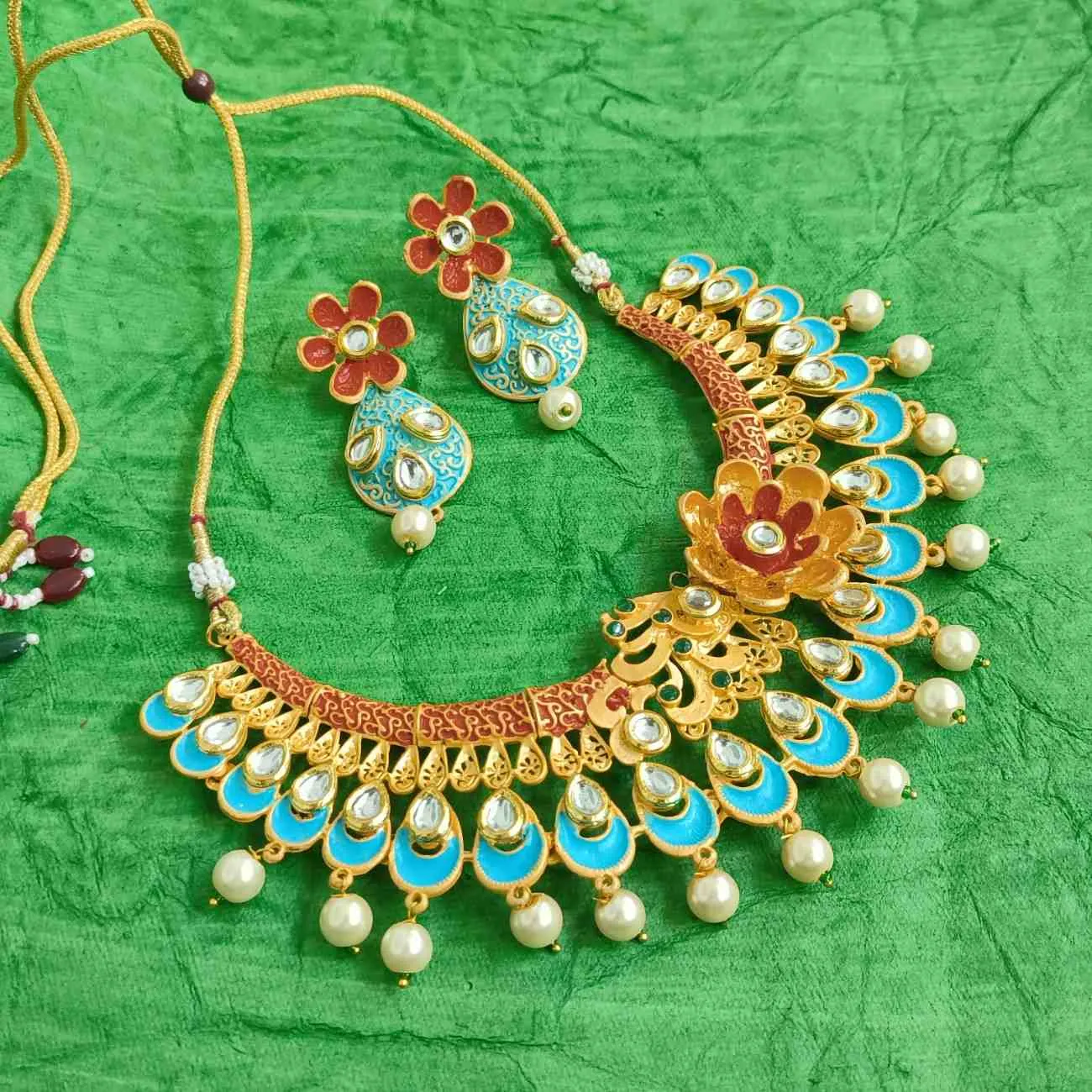 Multi-Color Kundan Pearls Gold Plated Floral Peacock Necklace Set