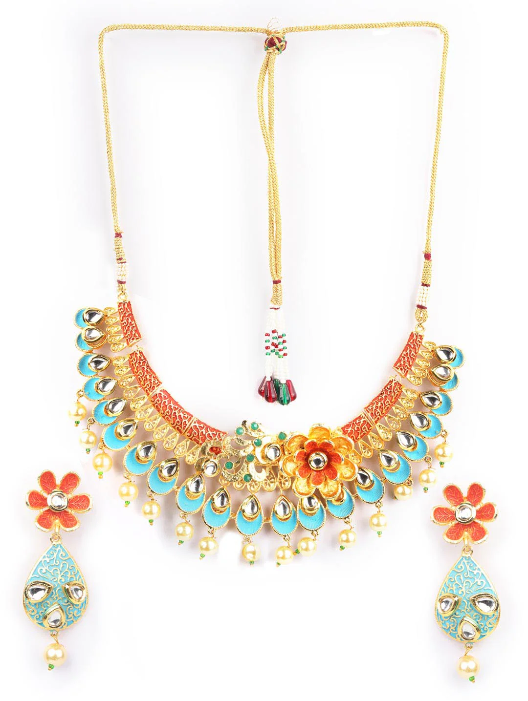 Multi-Color Kundan Pearls Gold Plated Floral Peacock Necklace Set