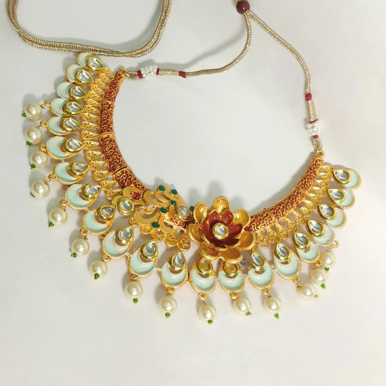Pastel Color Kundan Pearls Gold Plated Floral Peacock Necklace Set