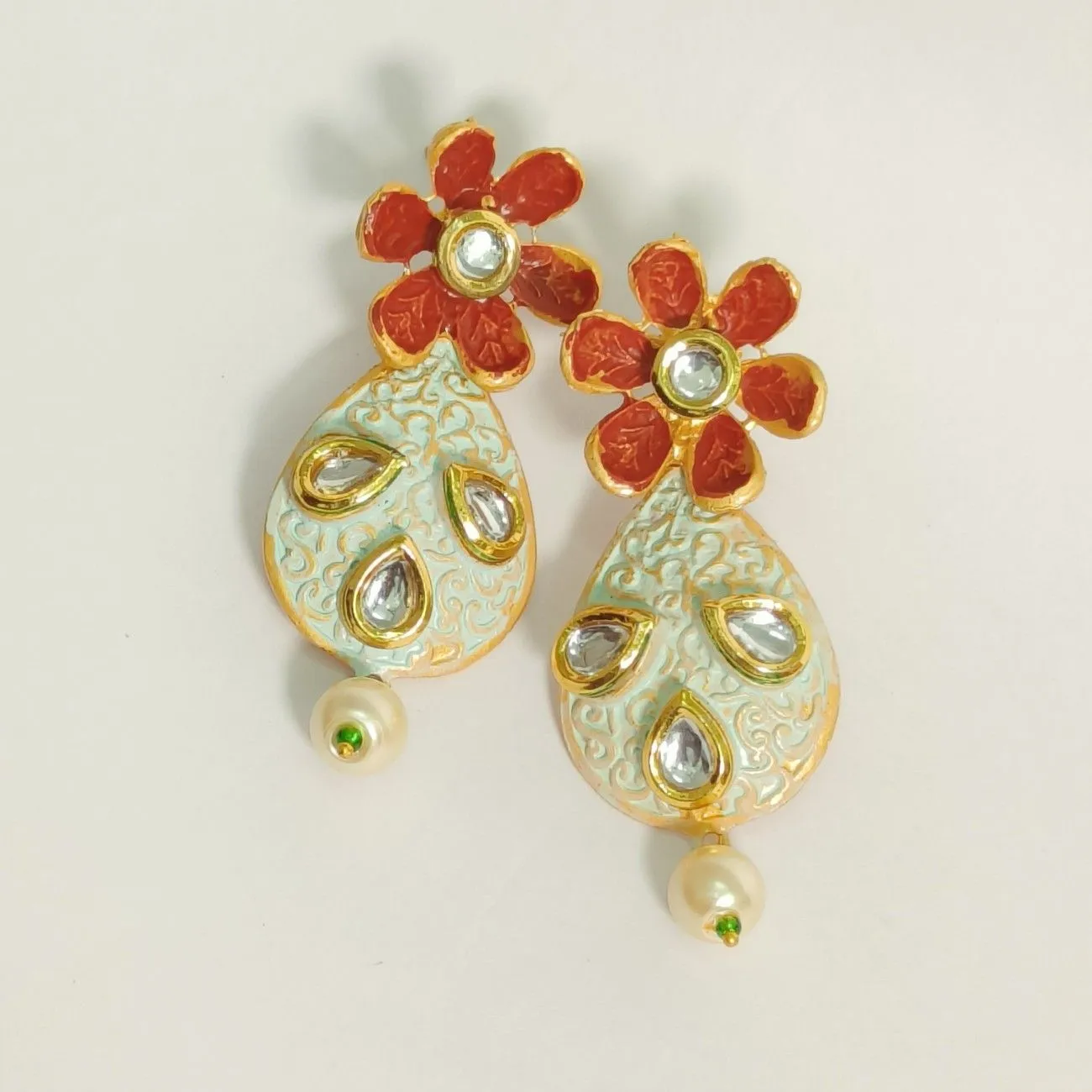 Pastel Color Kundan Pearls Gold Plated Floral Peacock Necklace Set