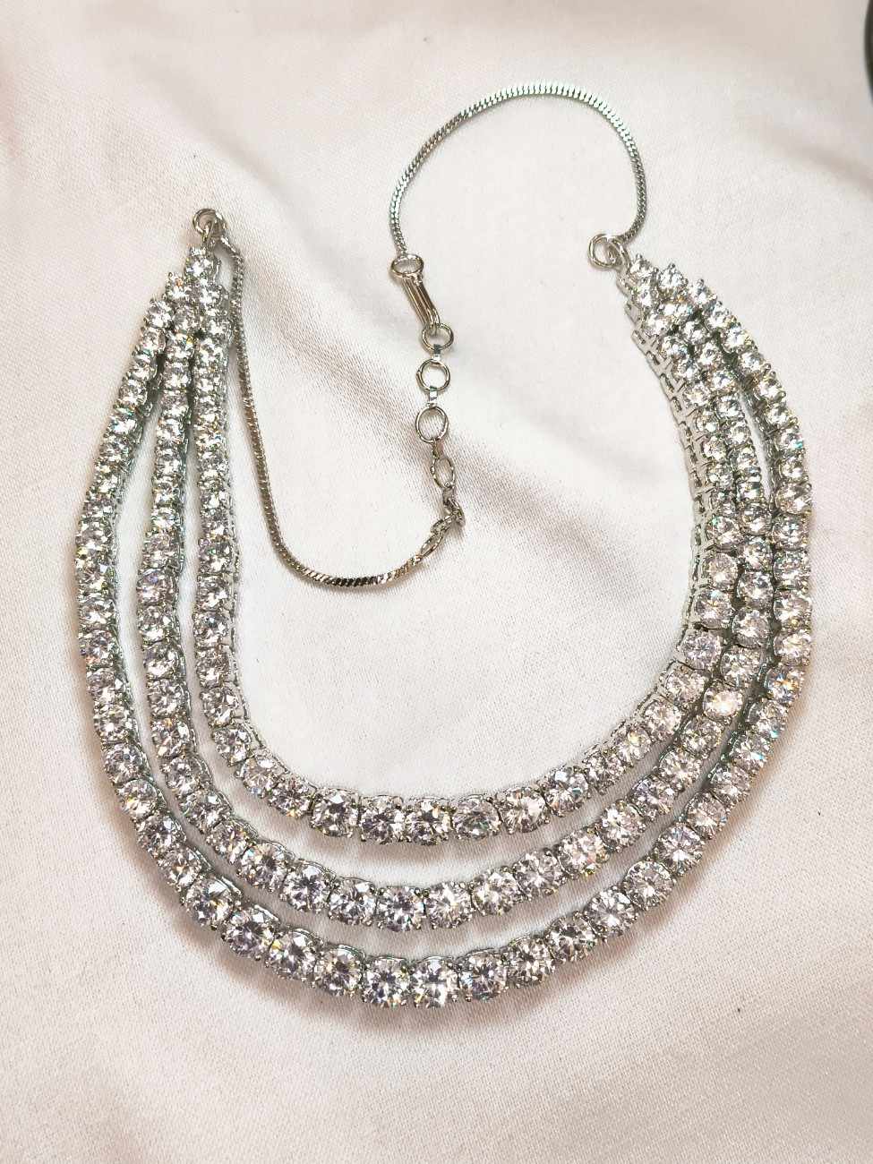 Nimoraa Triple Line Solitaire Diamond Silver Plated Necklace Set with Dazzling Triple Drop Earrings