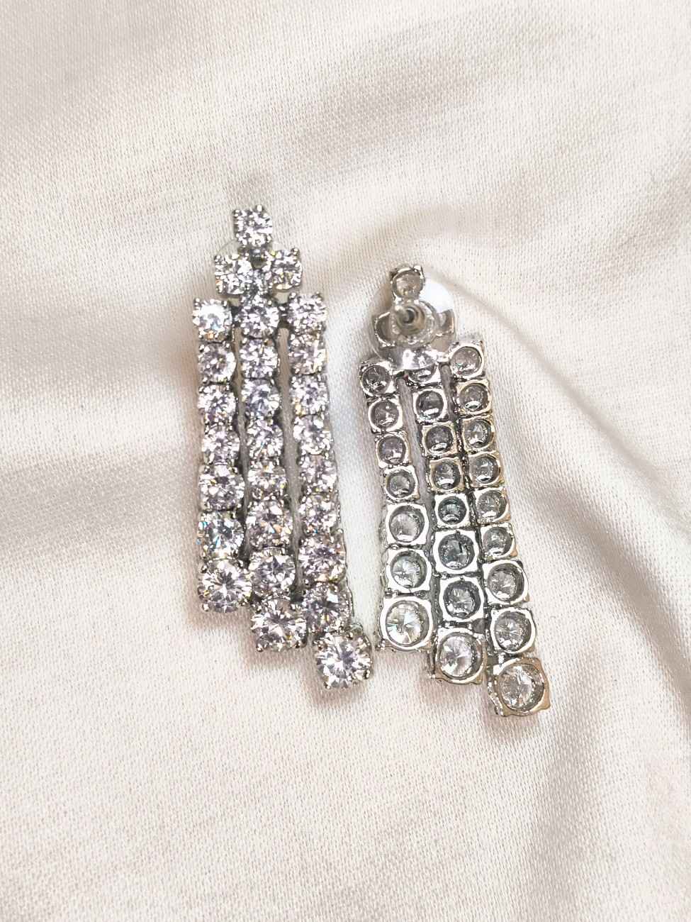 Nimoraa Triple Line Solitaire Diamond Silver Plated Necklace Set with Dazzling Triple Drop Earrings